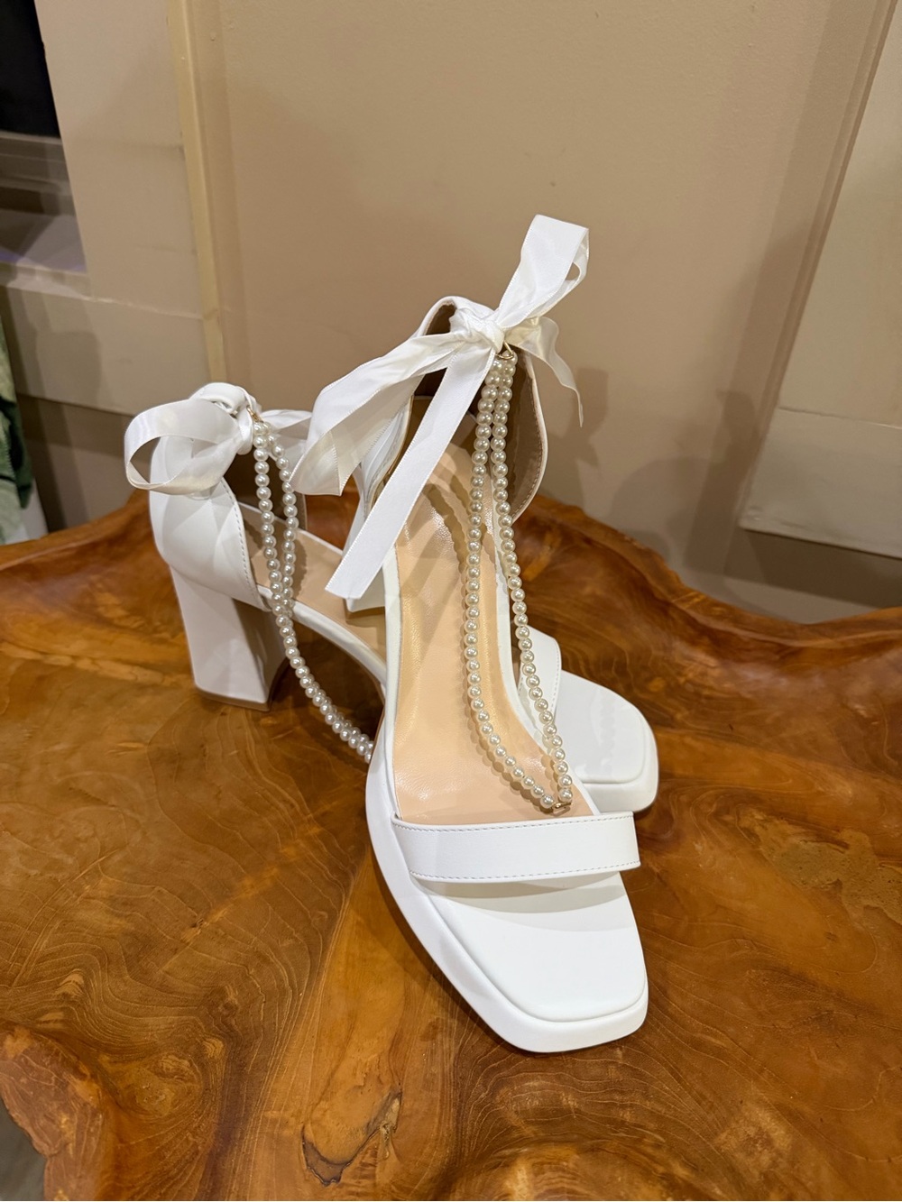SHEIN NEW Cutecore White Platform Heel Sandals Shoes Pearl Bow Ankle Tie Wedding
